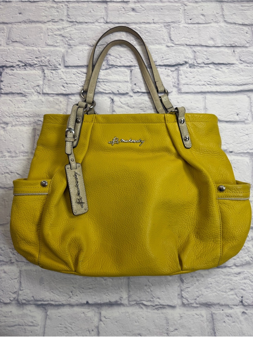 b. makowsky Yellow Pebbled Leather Tote with Neutral Trim